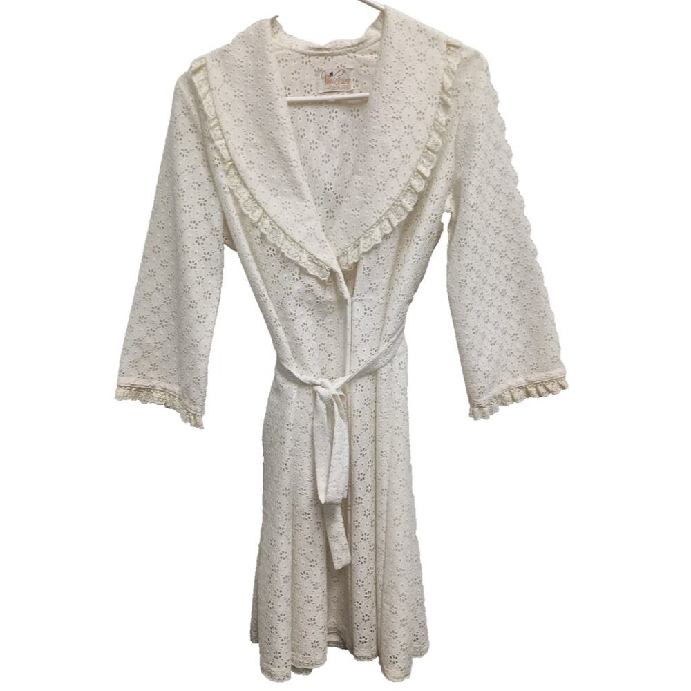 VTG 60s Miss Elaine Wrap Robe Womens Medium White Eyelet Trad Housewife Romantic